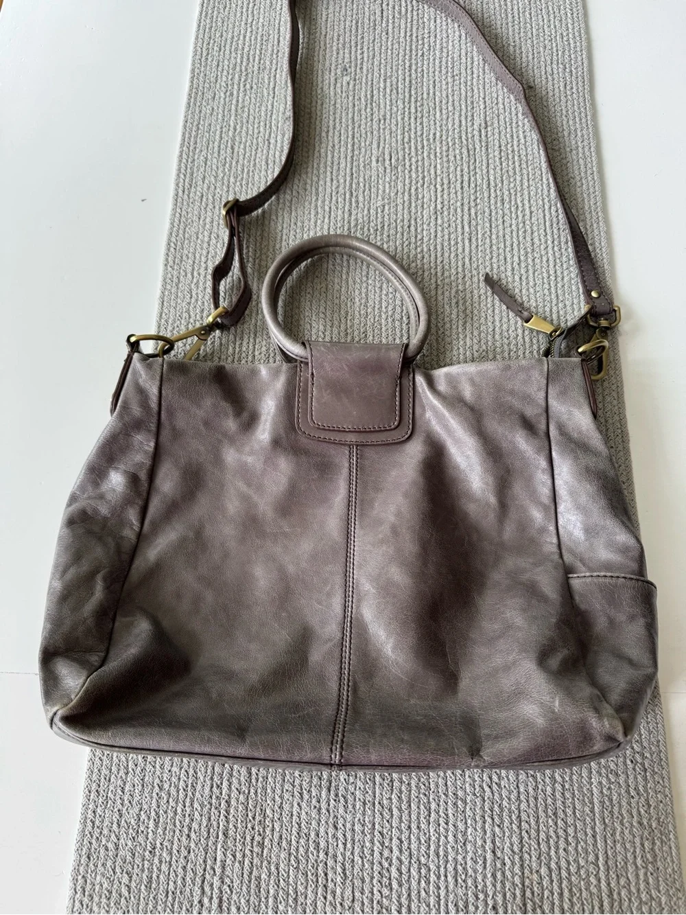 HOBO Taupe Gray Leather Hobo Shoulder Bag with Top Handle and Shoulder Strap